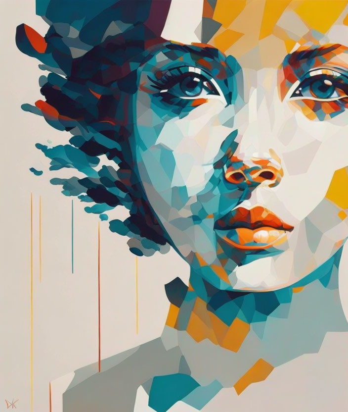 Abstract portrait of woman with geometric patterns and watercolor drips