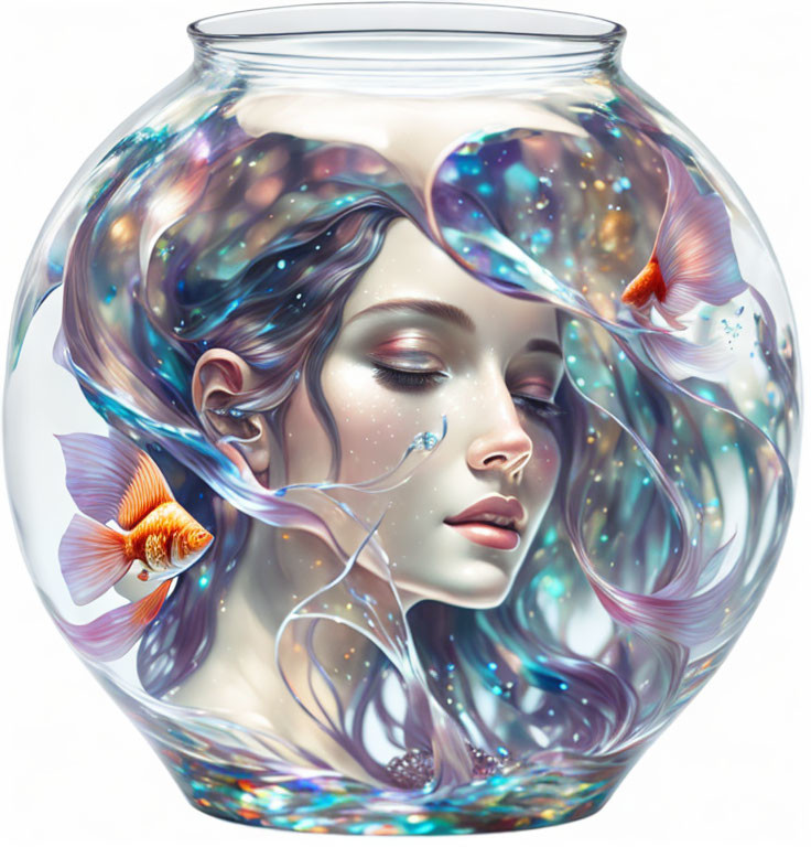 Surreal illustration of woman's face in fishbowl with vibrant fish