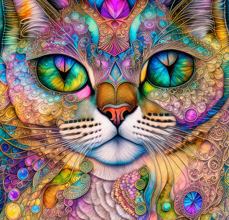 Colorful Cat Illustration with Hypnotic Eyes and Intricate Patterns