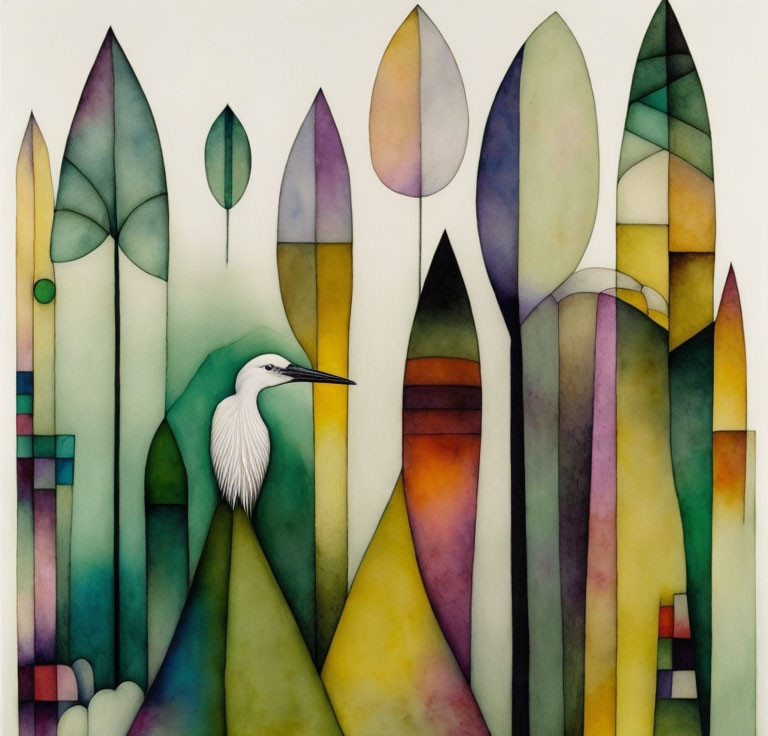 White Bird Amid Colorful Abstract Shapes in Soft Gradient Palette