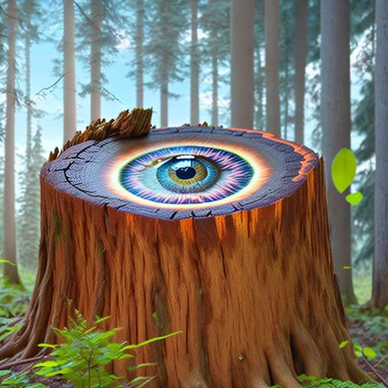 Digitally altered image of a tree stump with realistic human eye in a forest