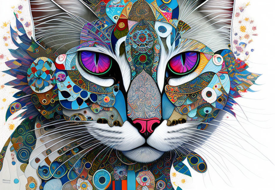 Colorful Cat Face Art with Intricate Patterns and Expressive Purple Eyes