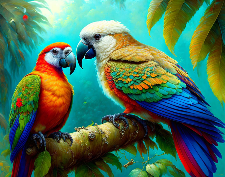 Colorful parrots on lush jungle branch: red/blue and white/green.