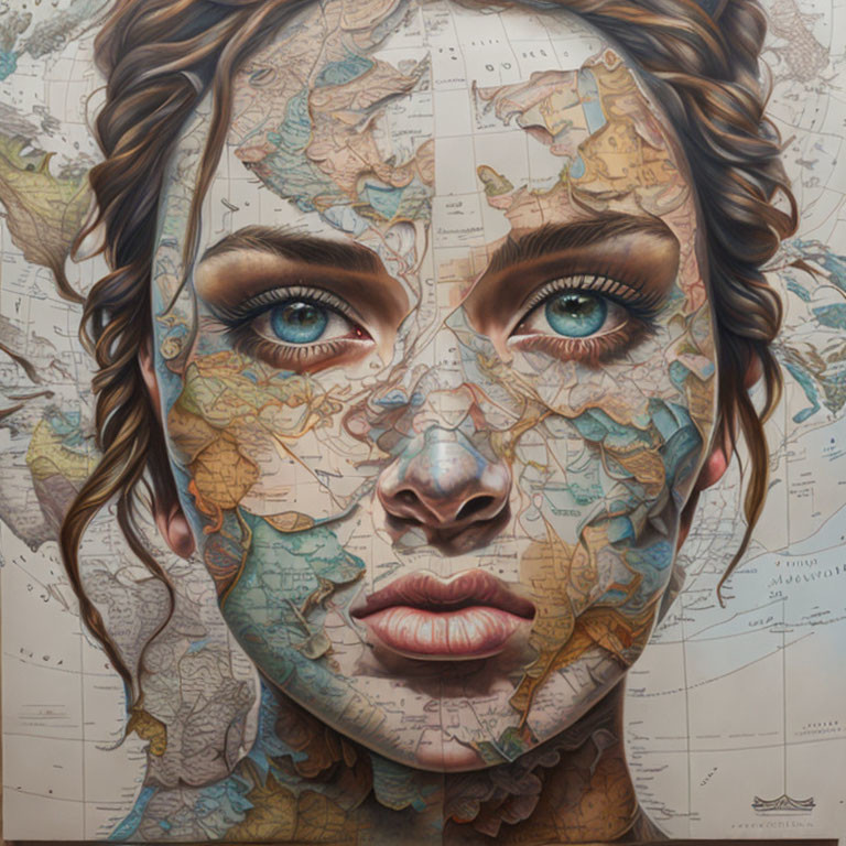 Woman's Face with World Map Superimposed: Detailed Eyes and Soft Features