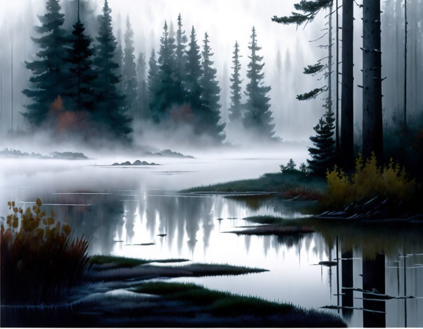 Foggy forest lake scene with tall pine trees