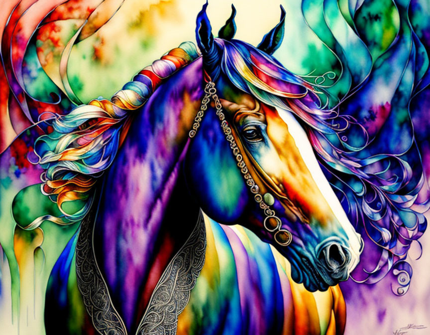 Colorful Horse Artwork with Swirling Patterns on Multicolored Background