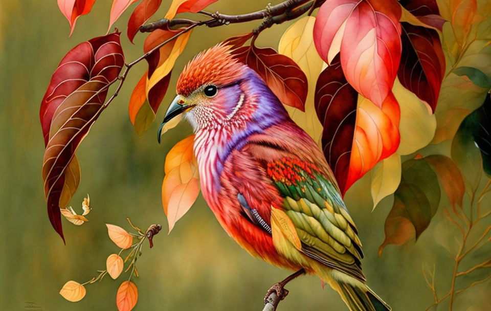 Colorful Bird Perched on Branch Among Multicolored Leaves