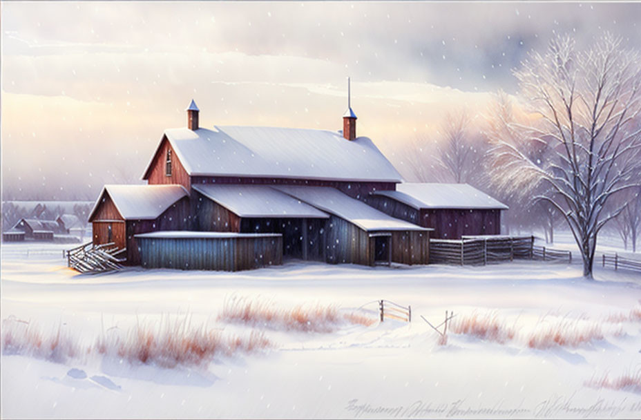 Snowy winter scene with large barn and wooden fence in soft light