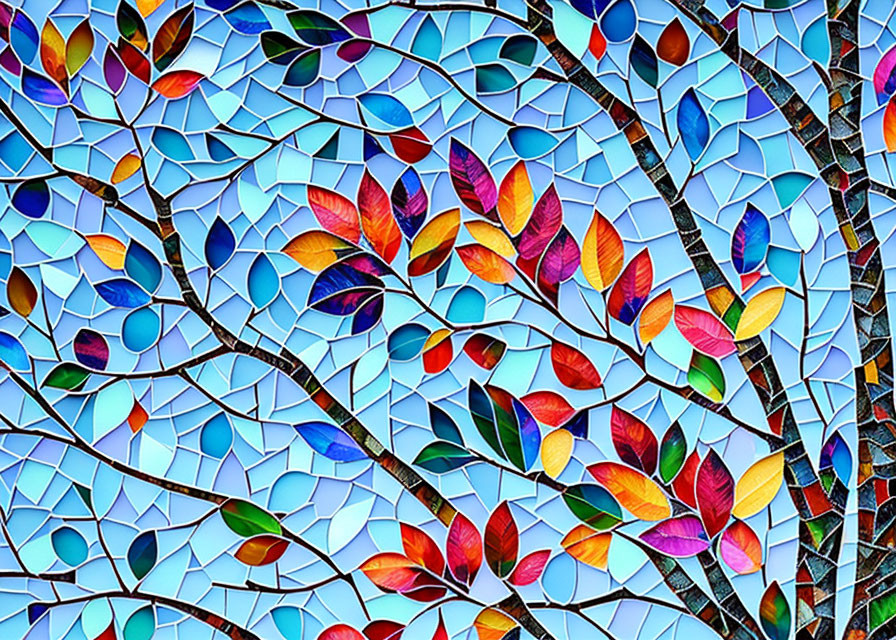 Colorful Leaves on Intertwining Branches in Stained Glass Style