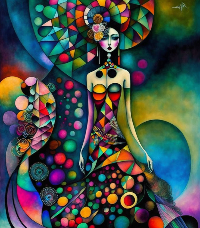 Vividly colored artwork of stylized woman with intricate abstract patterns