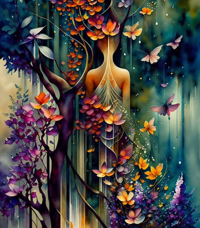 Surreal artwork of woman merging with vibrant forest and butterflies