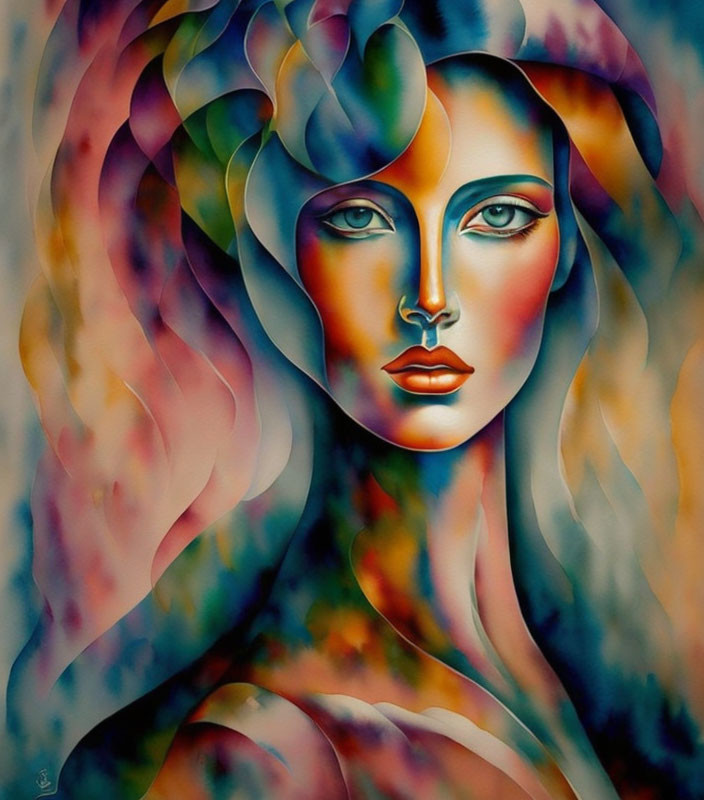 Vibrant abstract portrait of a woman with flowing hair in blue, purple, and orange tones