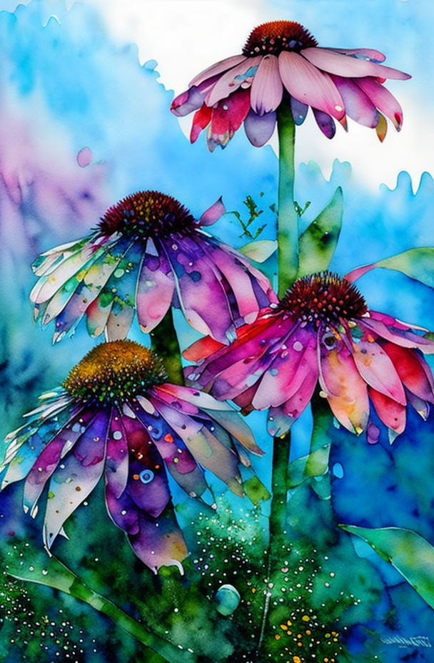 Delicate purple-pink daisies in vibrant watercolor