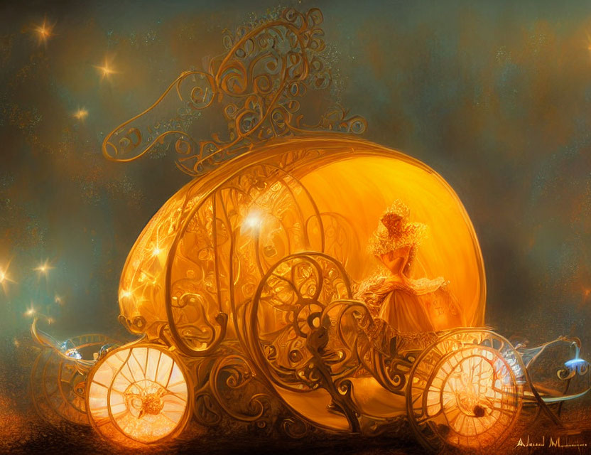 Woman in golden dress inside ornate pumpkin carriage in magical starry setting