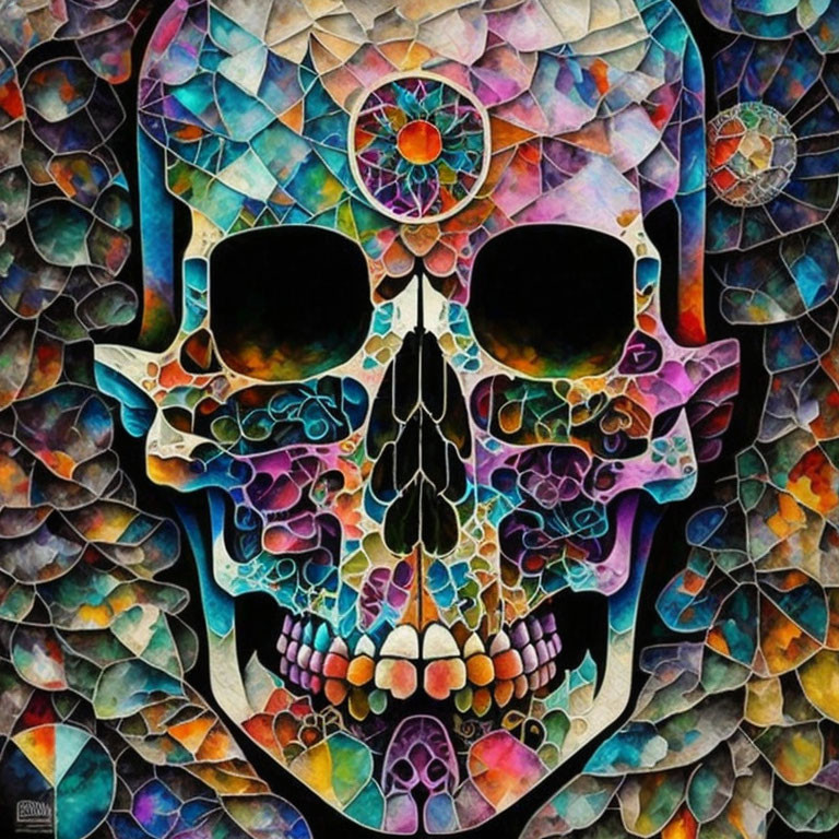 Colorful Mosaic Skull with Vibrant Interlocking Shapes on Dark Background