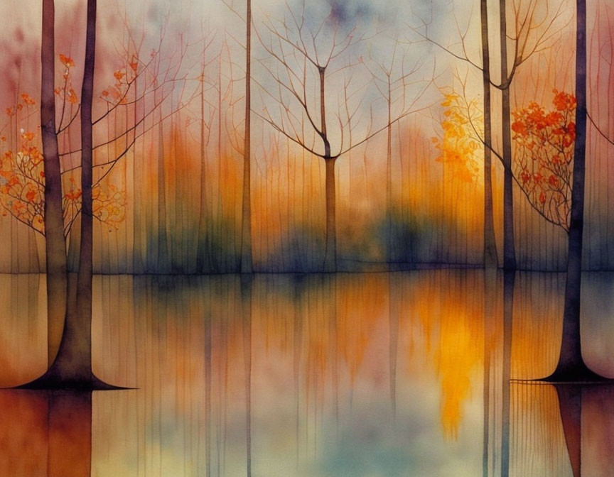 Tranquil watercolor painting of reflective lake and autumn trees