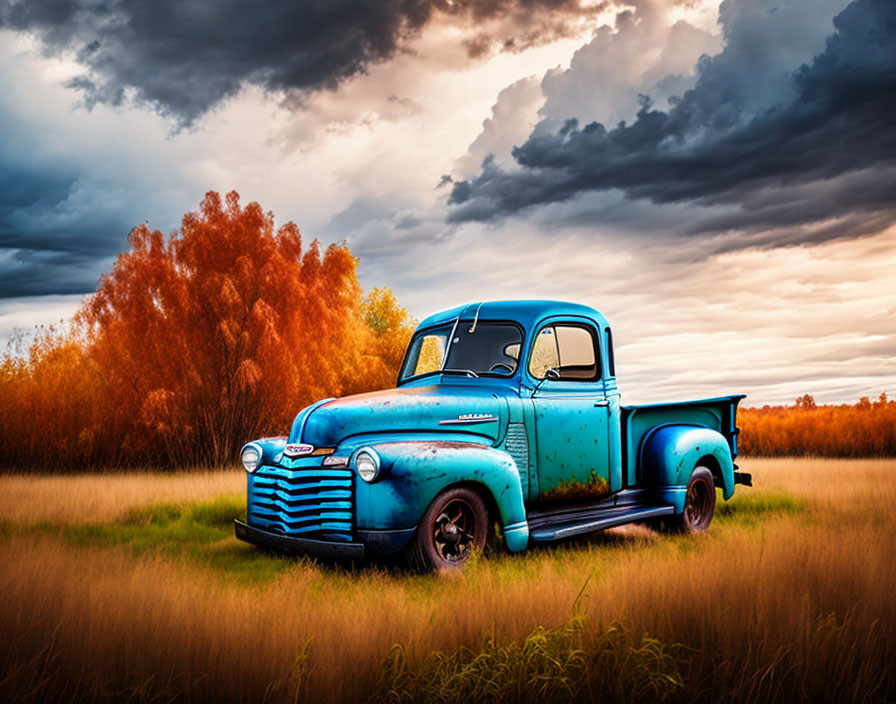 Vintage Blue Pickup Truck in Field with Tall Grass Under Dramatic Cloudy Sky at Sunset