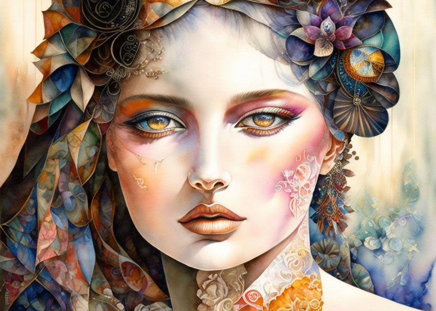 Vibrant portrait of a woman with floral and mechanical elements