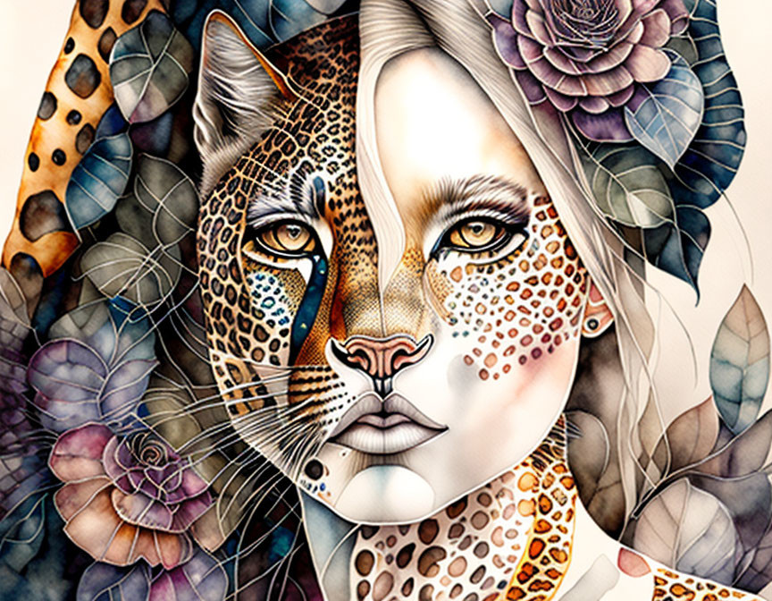 Split-face portrait of woman and leopard with floral patterns