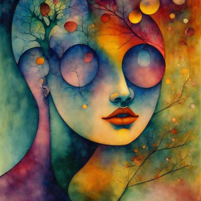 Colorful surreal painting: Female face with tree branches and autumn leaves on vibrant background