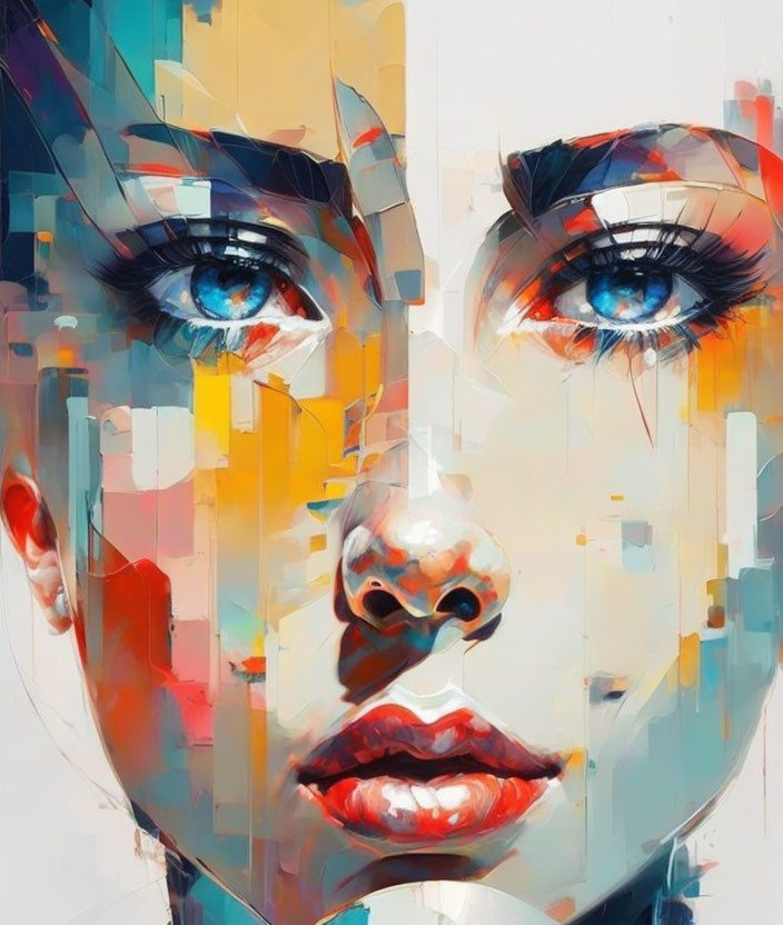 Colorful Abstract Portrait Featuring Woman with Blue Eyes and Geometric Shapes