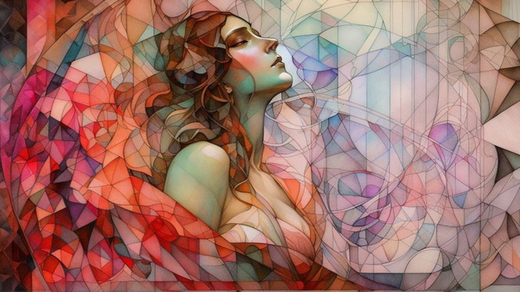 Vibrant abstract art: Woman with flowing hair and geometric patterns