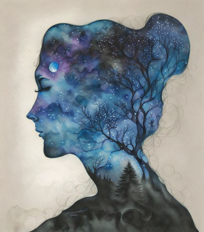 Woman's Hair and Skin Blend into Cosmic Night Sky and Tree Silhouette