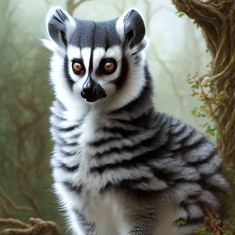 Ring-tailed lemur with orange eyes in branches, iconic striped tail