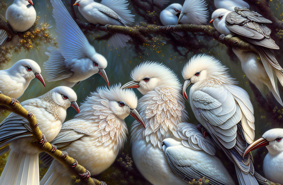 Numerous White Birds Perched on Branches, Tranquil Scene