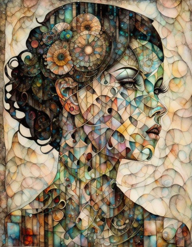 Colorful mosaic woman illustration with stained glass-like details