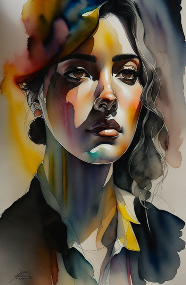 Colorful Shadows on Woman's Face in Watercolor Portrait