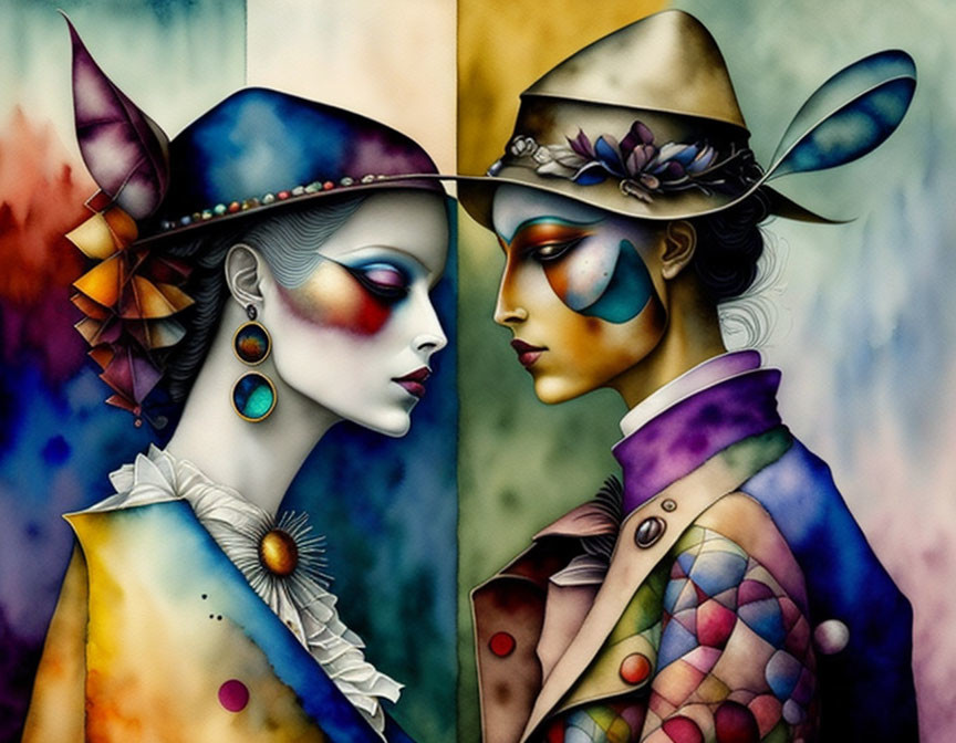 Vibrant artwork featuring two stylized figures in colorful makeup and costumes