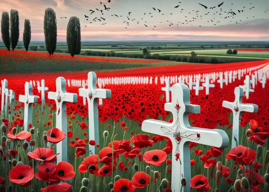 White crosses in red poppy field under dramatic sky with flying birds