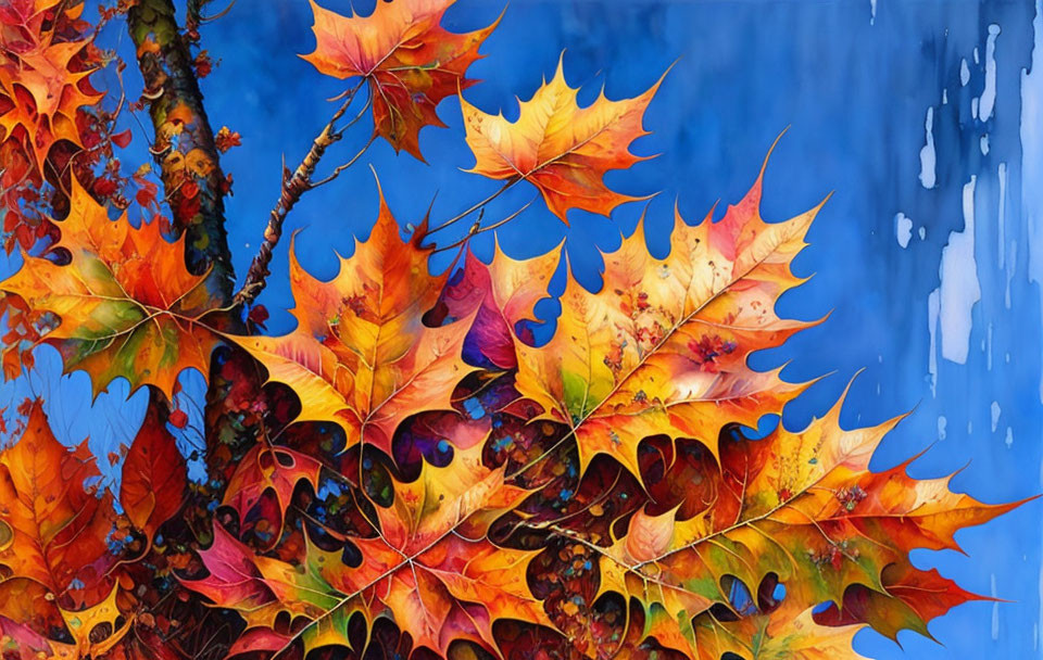 Colorful autumn leaves against clear blue sky with tree branches