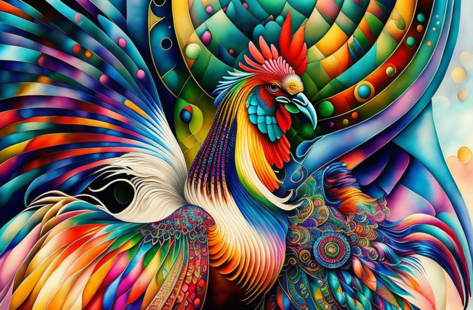 Colorful Rooster Illustration with Elaborate Plumage in Blues, Greens, Reds, and