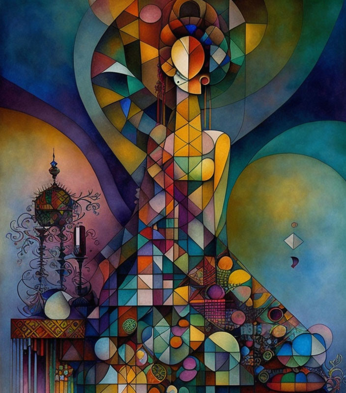 Vibrant abstract painting: stylized female figure, geometric patterns, whimsical elements