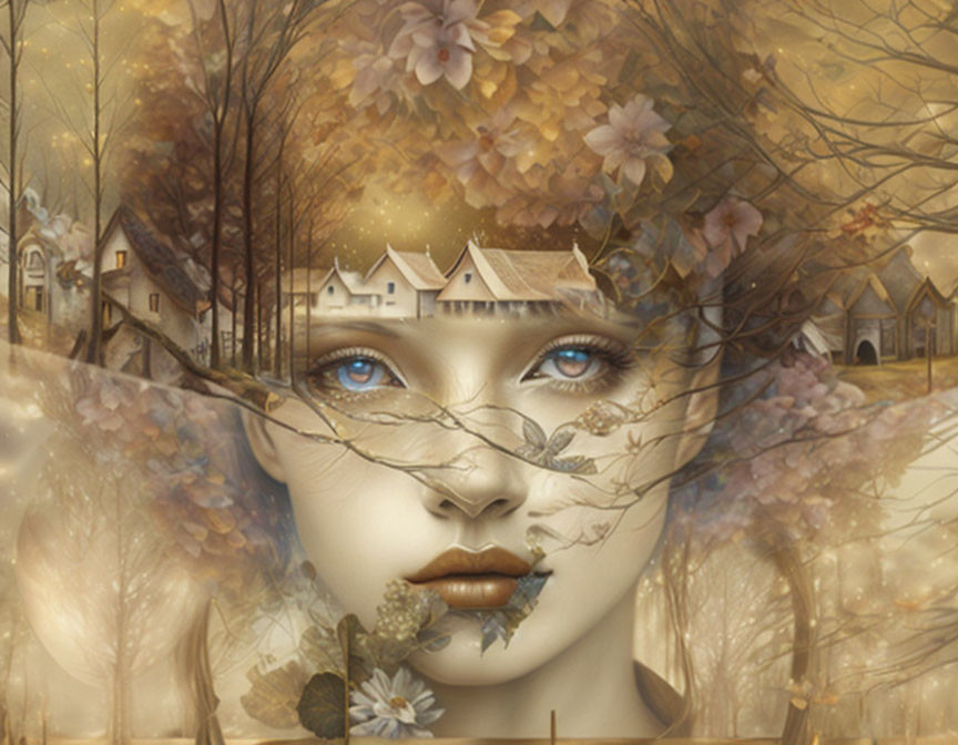 Surreal artwork blending woman's face with autumnal nature elements