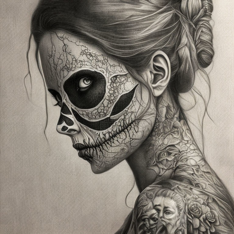 Realistic grayscale artwork of woman with skull makeup and intricate tattoos