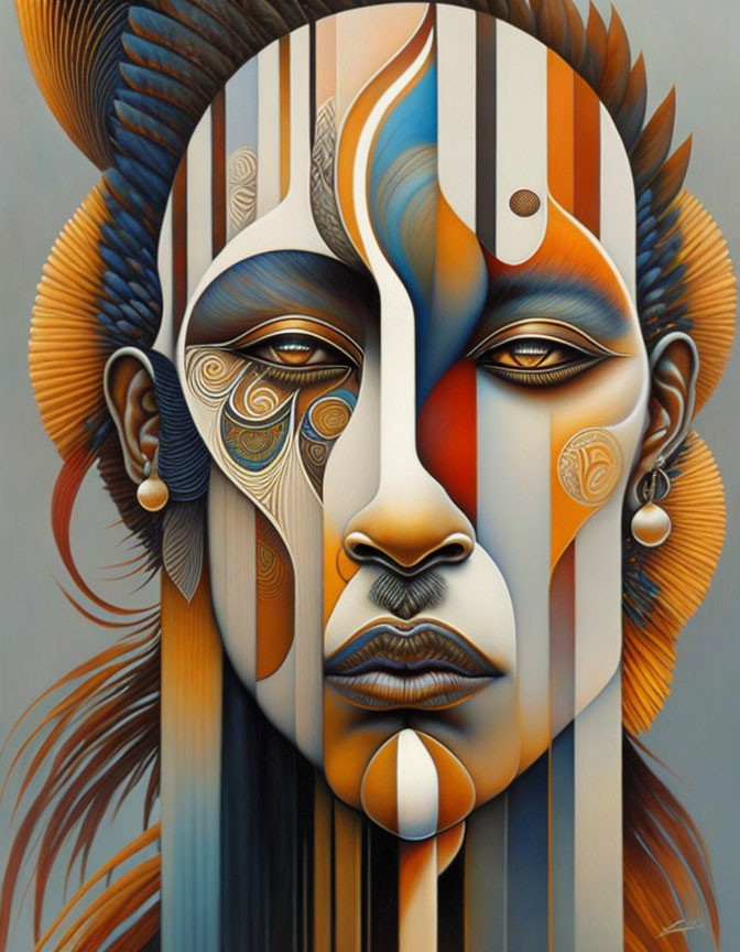 Surreal digital painting of multi-faceted face with tribal patterns and feathers