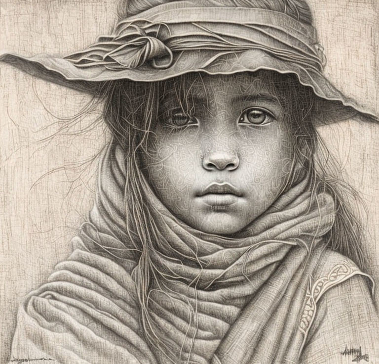 Detailed pencil drawing of young girl with soulful eyes in hat and scarf