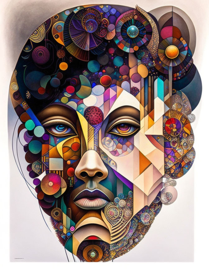 Colorful surreal portrait with abstract geometric elements forming a face.