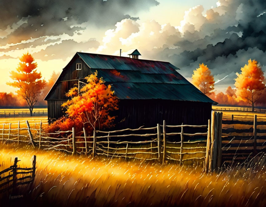 Rustic barn in golden autumn field under dramatic sky