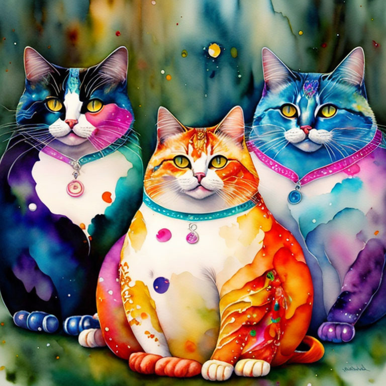 Colorful Watercolor Cats with Expressive Eyes and Whimsical Patterns