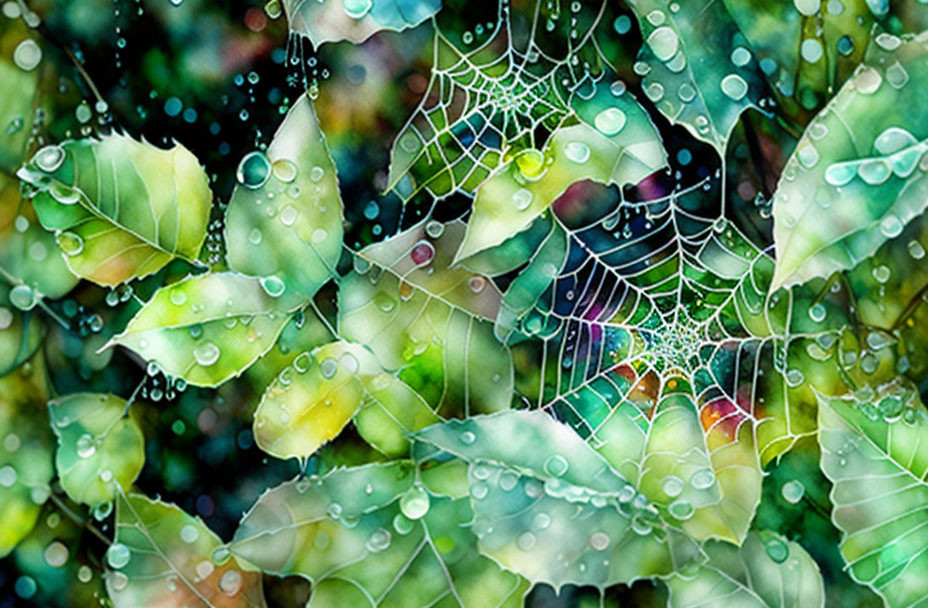 Dew-covered spider web among vibrant green leaves magnified by water droplets