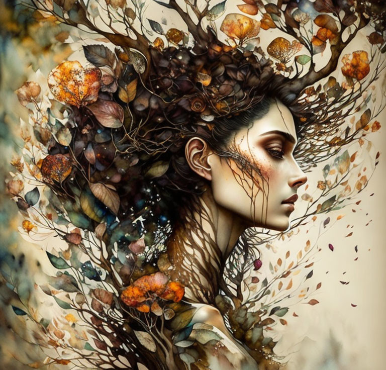 Woman blending into tree with autumn leaves in artistic portrayal