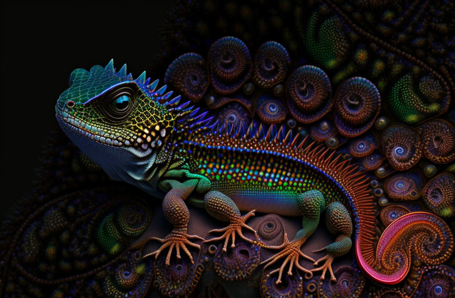 Colorful lizard digital art with intricate patterns on dark fractal background