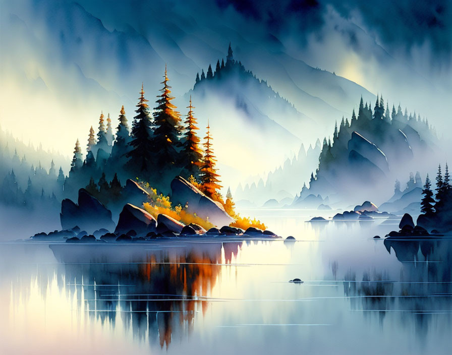 Tranquil watercolor painting of misty lake & forested mountains