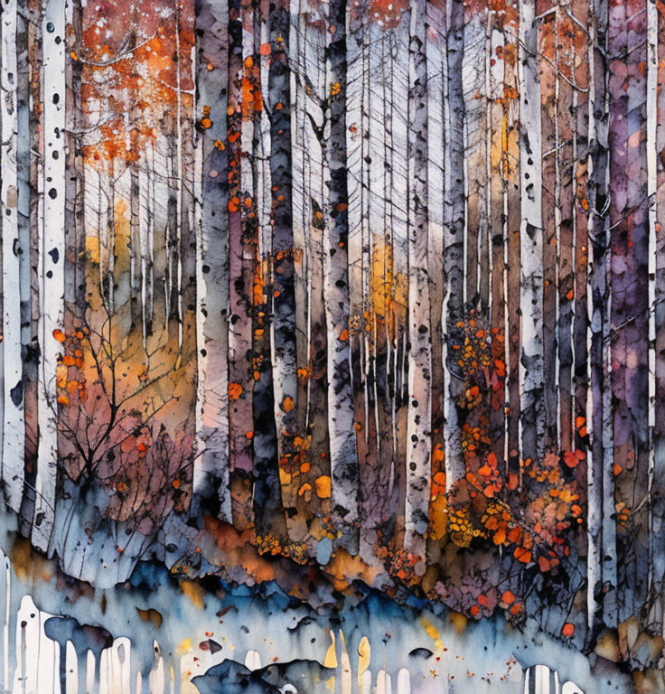 Colorful autumn forest watercolor painting with white birch trees