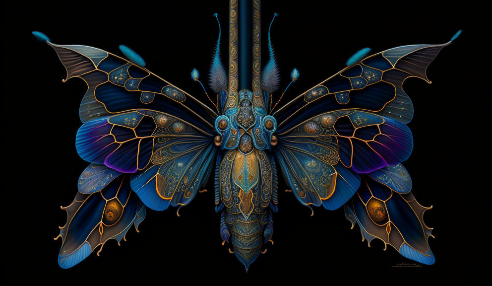 Symmetrical Digital Artwork: Mechanized Butterfly in Gold and Blue on Black