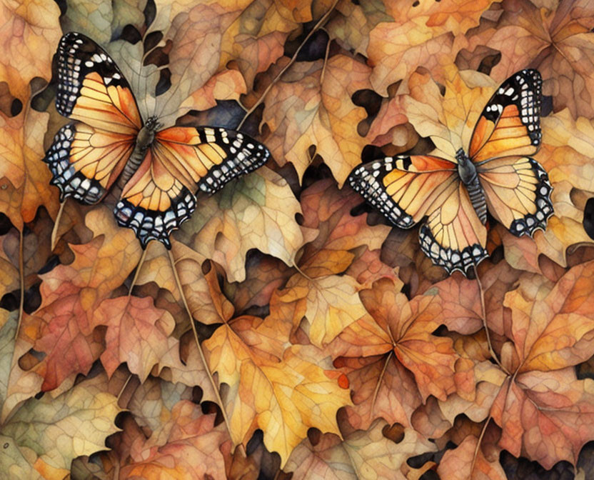 Monarch butterflies on autumn leaves with orange, brown, and yellow hues